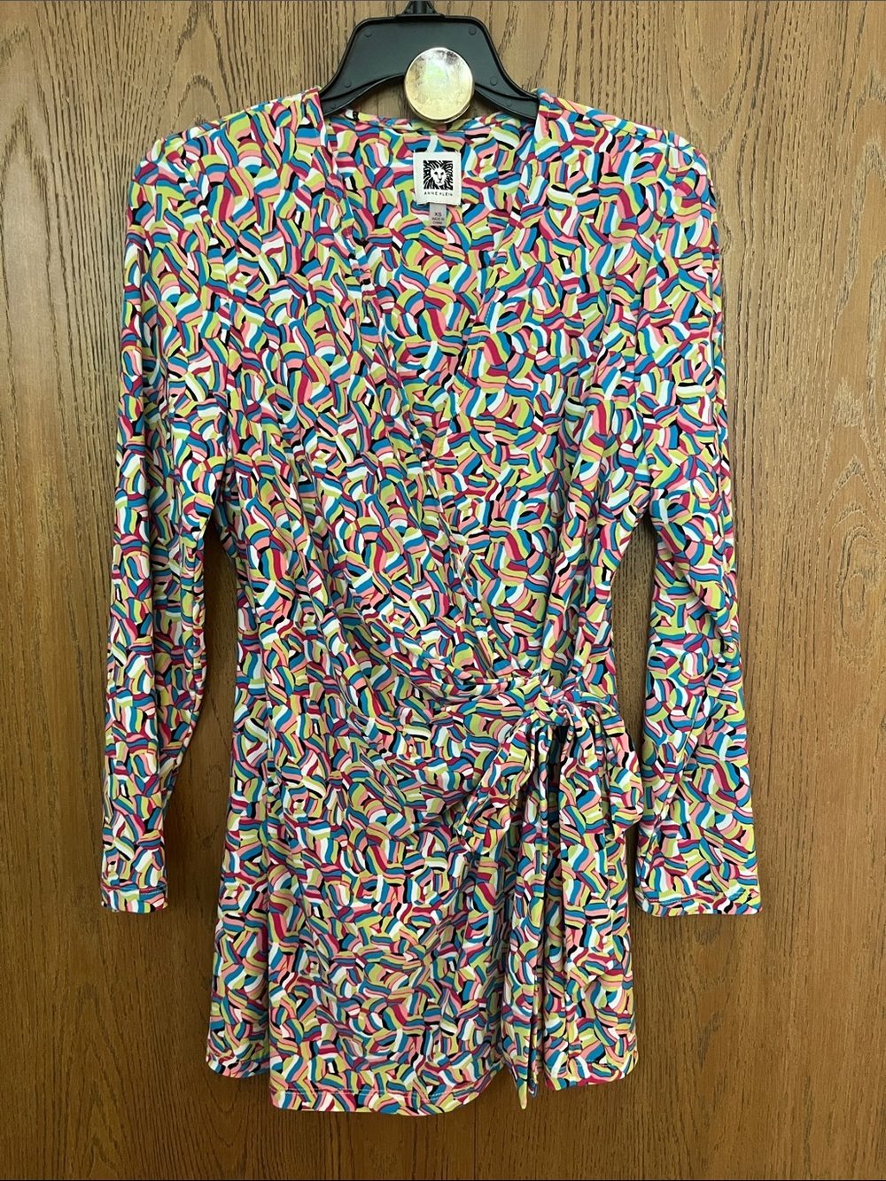 Anne Klein Multicolor Geometric Long Sleeve Wrap Top